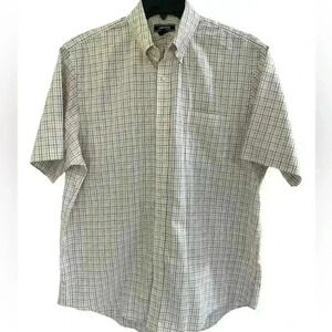 Men’s Lands End Short Sleeve Button Down in Red White Blue Plaid Sz 17 EXCELLENT